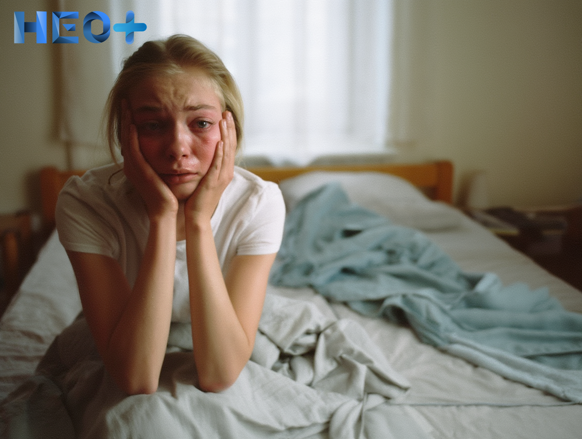 Девушка в слезах и в состоянии истерии сидит на кровати